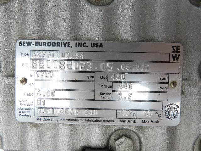 Sew Eurodrive R27DT100LS4 Inline Gearmotor 4:1 Ratio 3Hp 430rpm 460V DFT100LS4
