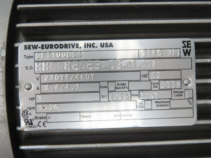 Sew Eurodrive R27DT100LS4 Inline Gearmotor 4:1 Ratio 3Hp 430rpm 460V DFT100LS4