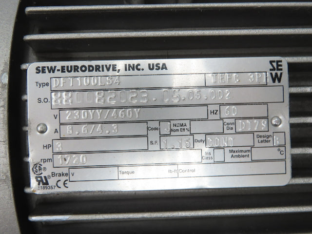 Sew Eurodrive R27DT100LS4 Inline Gearmotor 4:1 Ratio 3Hp 430rpm 460V DFT100LS4