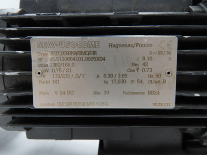Sew Usocome Gearmotor W/Brake 1Hp 133/230V 8.16:1 169rpm 50Hz 42Nm