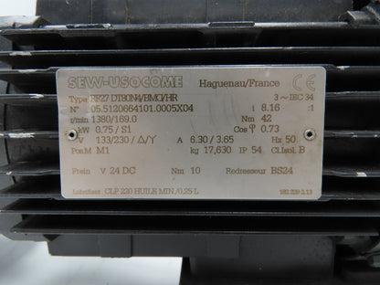 Sew Usocome Gearmotor W/Brake 1Hp 133/230V 8.16:1 169rpm 50Hz 42Nm