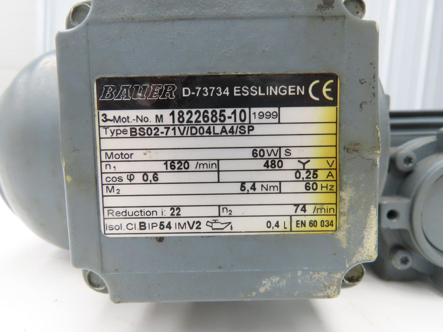 Bauer BS02-71V/D04LA4/SP Gearmotor 22:1 Reducer 74rpm 480V 3Ph LH Output