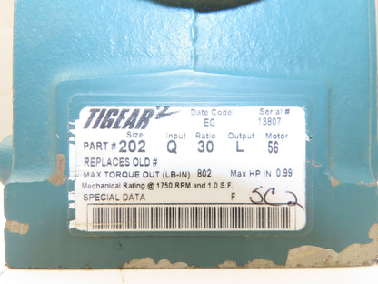Dodge Tigear 202Q30L56 Worm Gearbox 30:1 Reducer 0.99Hp 58rpm 56C LH Output