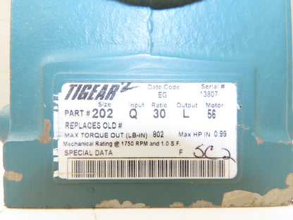 Dodge Tigear 202Q30L56 Worm Gearbox 30:1 Reducer 0.99Hp 58rpm 56C LH Output