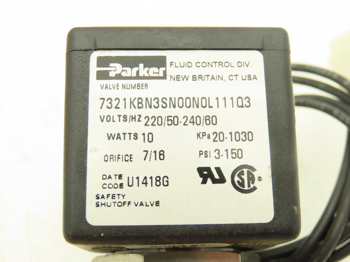 Parker 7321KBN3SN00N0L111Q3 Solenoid Valve 240VAC 1Ph 10W 7/16" 150psi Brass