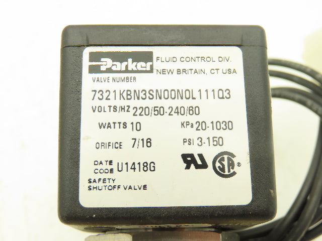 Parker 7321KBN3SN00N0L111Q3 Solenoid Valve 240VAC 1Ph 10W 7/16" 150psi Brass