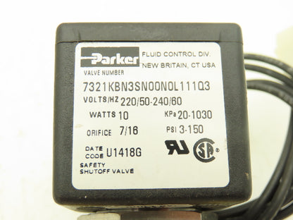 Parker 7321KBN3SN00N0L111Q3 Solenoid Valve 240VAC 1Ph 10W 7/16" 150psi Brass