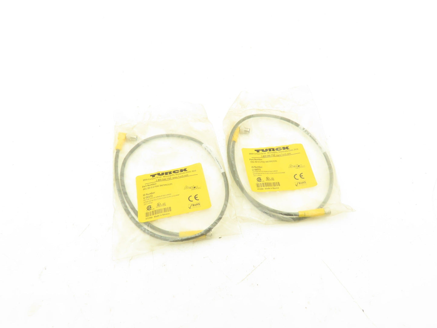 Turck 3M-0.6-PSW 3M/S90/S101 Cable 24" L 3-Pin M8 Right Angle 24AWG Lot of 2