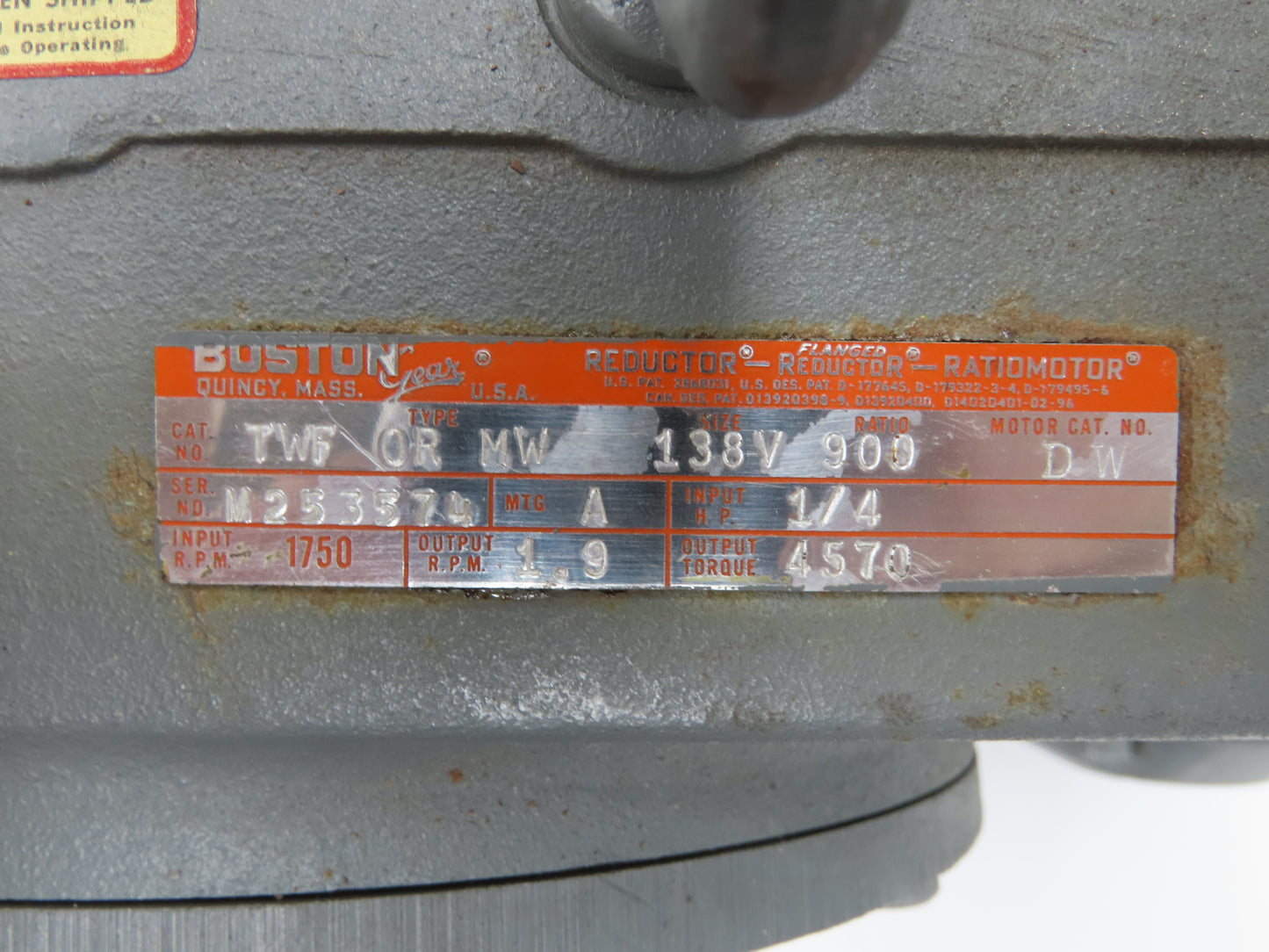 Boston Gear TWF OR MW Gearmotor 900:1 Reducer 1.9 RPM Output 1/4Hp 230V 3PH 56C