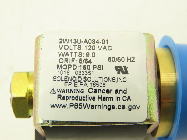 Solenoid Solutions 2W13U-A034-01 Solenoid Coil 120VAC 9W 5/64" Orifice 150 psi