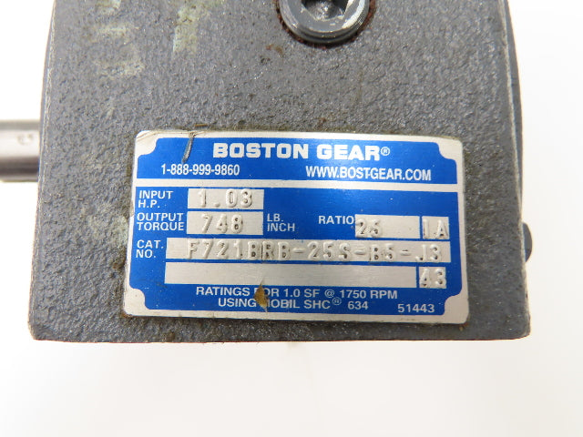 Boston Gear F721BRB-25S-B5-J3 Worm Gearbox 25:1 Reducer 1Hp 70rpm 56C LH