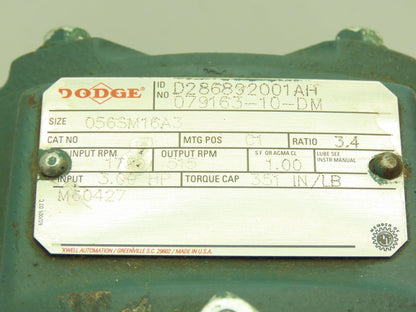 Dodge 079163-10-DM Gearbox 3.4:1 Speed Reducer 3HP 515rpm 56C Inline Gear Box