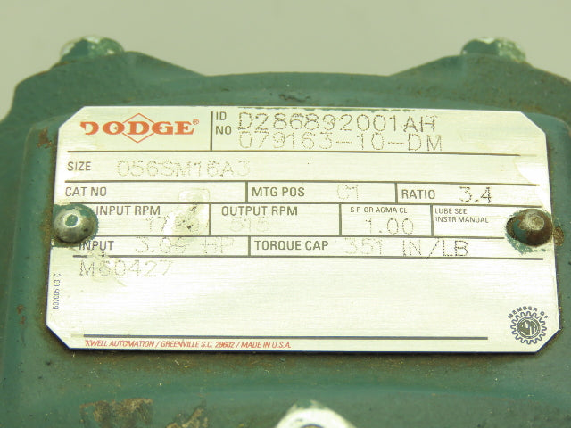 Dodge 079163-10-DM Gearbox 3.4:1 Speed Reducer 3HP 515rpm 56C Inline Gear Box