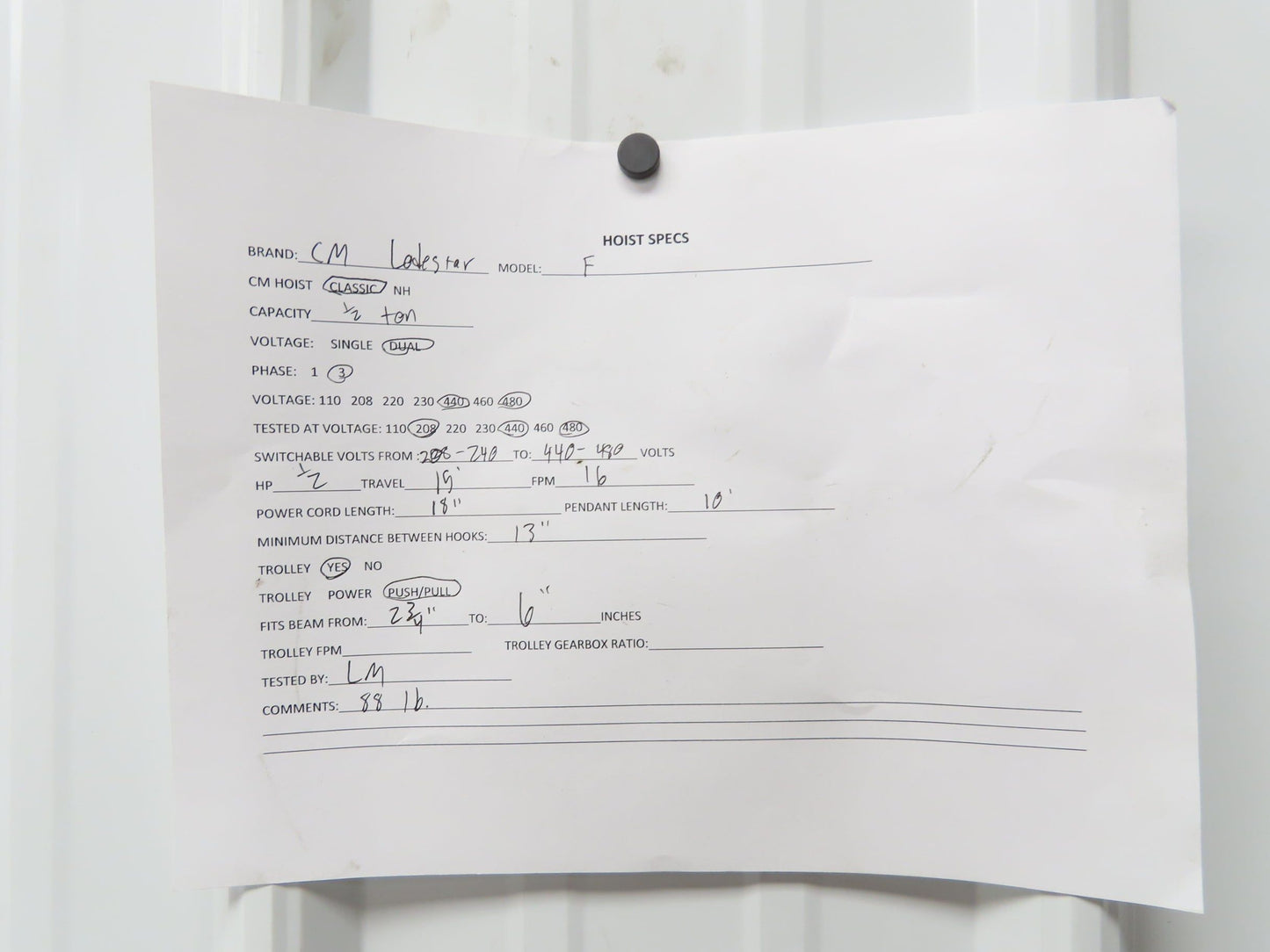 CM Lodestar F 1/2 Ton Electric Chain Hoist 16 FPM 15' Lift 230/460 V Trolley