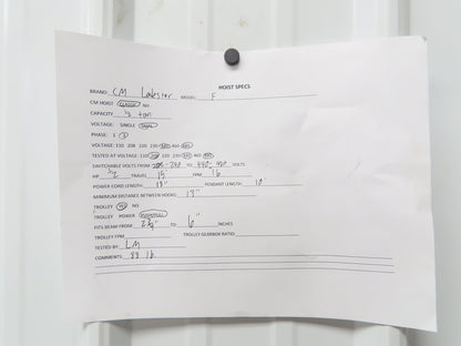 CM Lodestar F 1/2 Ton Electric Chain Hoist 16 FPM 15' Lift 230/460 V Trolley