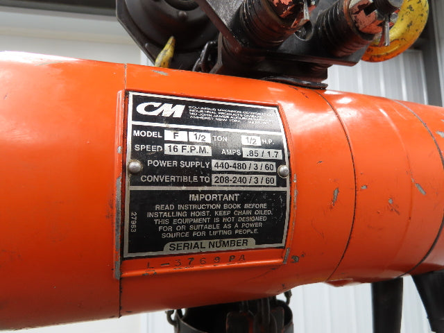 CM Lodestar F 1/2 Ton Electric Chain Hoist 16 FPM 15' Lift 230/460 V Trolley