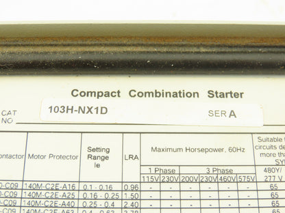 Allen Bradley 103H-NX1D Combination Motor Starter Control Panel 208V/120V