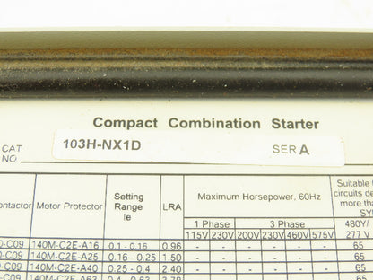 Allen Bradley 103H-NX1D Combination Motor Starter Control Panel 208V/120V