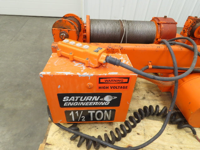 Saturn Engineering 1 1/2 Ton Electric Cable Hoist 25' Lift 20 FPM Trolley 460 V