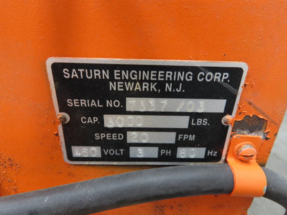 Saturn Engineering 1 1/2 Ton Electric Cable Hoist 25' Lift 20 FPM Trolley 460 V