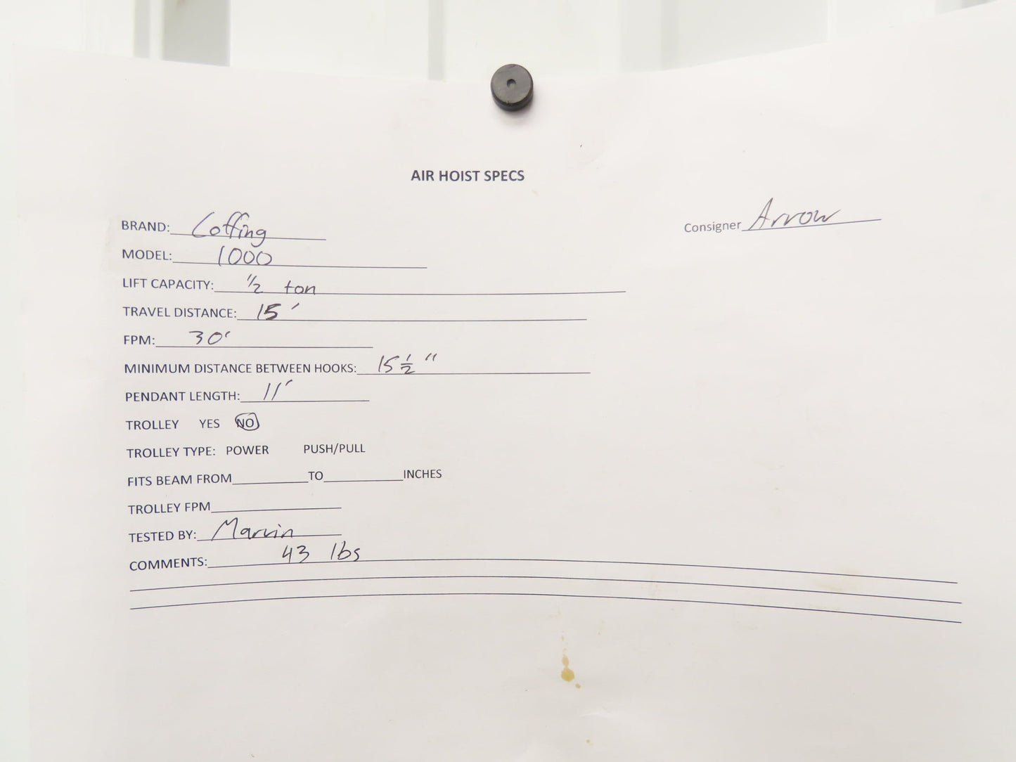 Coffing Duff-Norton 1000 Lb 1/2 Ton Pneumatic Air Chain Hoist 15' Lift Pendant