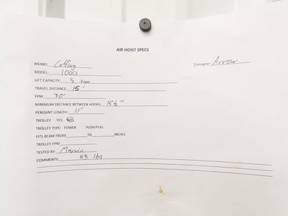 Coffing Duff-Norton 1000 Lb 1/2 Ton Pneumatic Air Chain Hoist 15' Lift Pendant