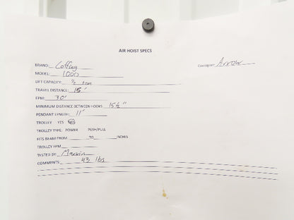 Coffing Duff-Norton 1000 Lb 1/2 Ton Pneumatic Air Chain Hoist 15' Lift Pendant