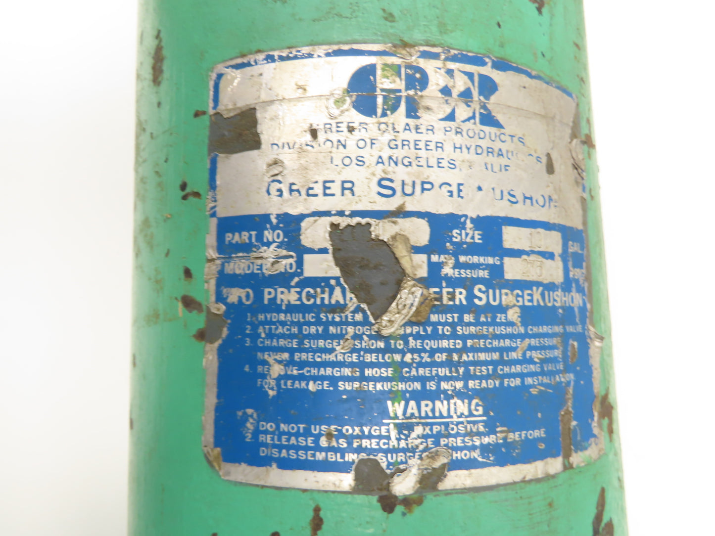 Greer Hydraulics SurgeKushon Accumulator 10 Gal 275 PSI 3" Flange 51"OAL