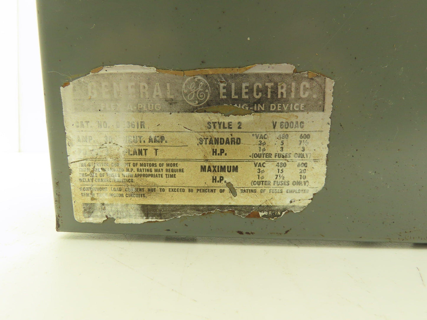 General Electric DE361R GE Flex Bus Plug 30 Amp 600 Volt Fused Disconnect