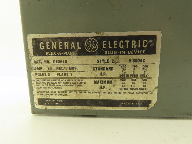 General Electric DE361R GE Flex Bus Plug 30 Amp 600 Volt Fused Disconnect
