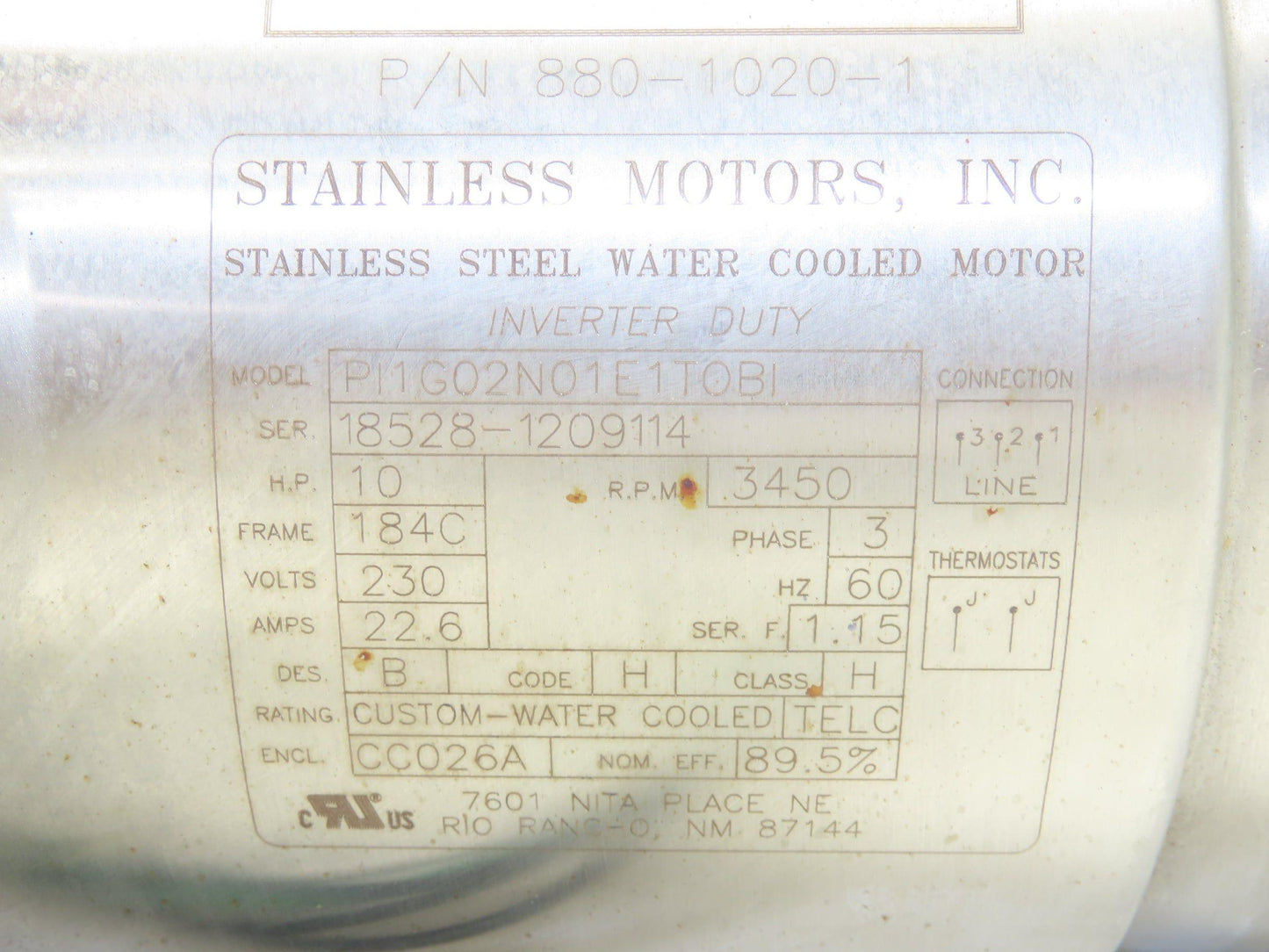 Stainless Motors PI1G02N01E1TOBI AC Washdown Motor 10Hp 3450rpm 230V 3ph 184C TE