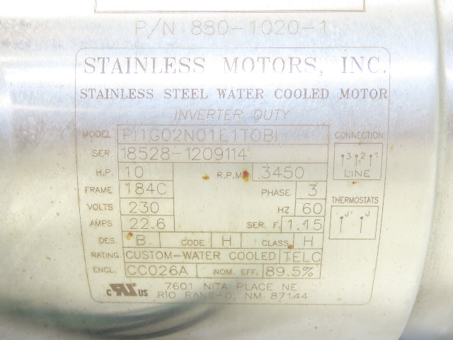 Stainless Motors PI1G02N01E1TOBI AC Washdown Motor 10Hp 3450rpm 230V 3ph 184C TE