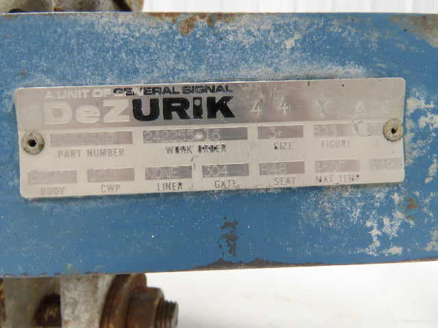 DeZurik Fig. 825 3" Stainless Knife Gate Valve Lug Style Rising Stem Rubber Seat