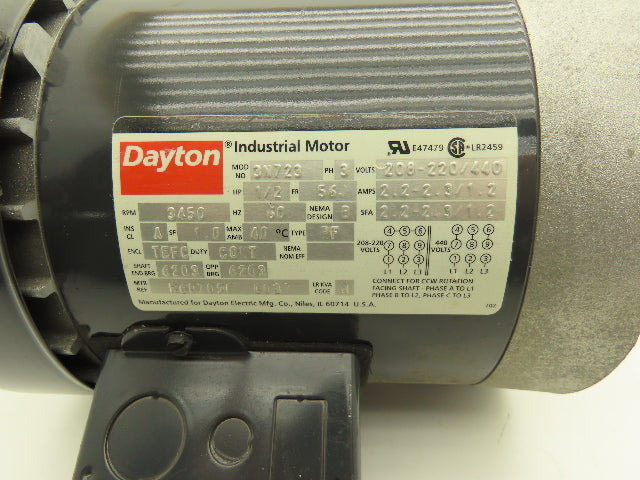Dayton 3N723 AC Electric Motor 1/2Hp 3450rpm 220/440v 3Ph 56J Frame TEFC