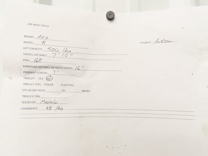 Aro R 1/4 Ton 500 LB Pneumatic Air Chain Hoist 7'10" Lift 7' Pull Chain