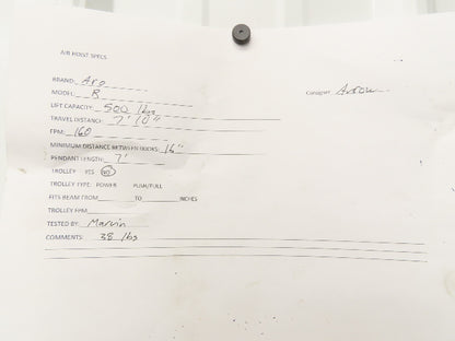 Aro R 1/4 Ton 500 LB Pneumatic Air Chain Hoist 7'10" Lift 7' Pull Chain