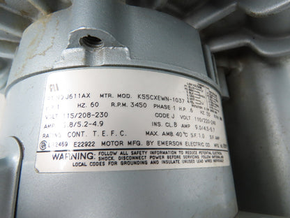 Thermo Environmental 3616 Regenerative Blower Vacuum Pump 1Hp 115/230v 1ph 92CFM