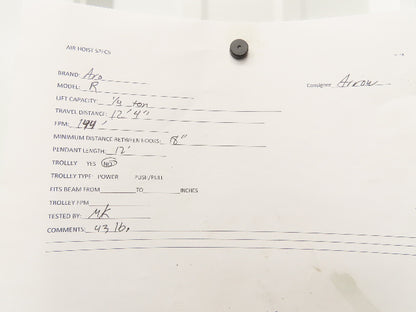 Aro R 1/4 Ton 500 LB Pneumatic Air Chain Hoist 12'4" Lift 12' Pull Chain