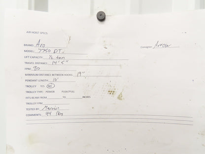 Aro 7750DT 1/2 Ton 1000 LB Pneumatic Air Chain Hoist 14'5" Lift 10' Pull Chain