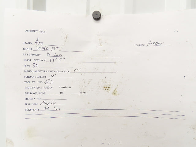 Aro 7750DT 1/2 Ton 1000 LB Pneumatic Air Chain Hoist 14'5" Lift 10' Pull Chain