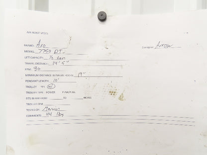 Aro 7750DT 1/2 Ton 1000 LB Pneumatic Air Chain Hoist 14'5" Lift 10' Pull Chain