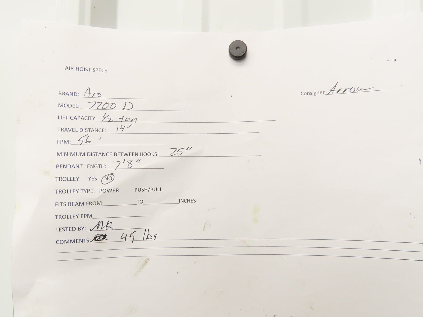 Aro 7700D 1/2 Ton 1000 LB Pneumatic Air Chain Hoist 14' Lift 7'8" Pull Chain