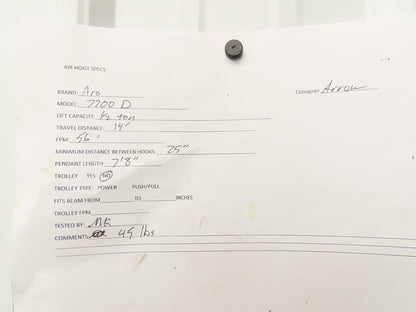 Aro 7700D 1/2 Ton 1000 LB Pneumatic Air Chain Hoist 14' Lift 7'8" Pull Chain