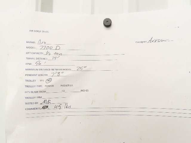 Aro 7700D 1/2 Ton 1000 LB Pneumatic Air Chain Hoist 14' Lift 7'8" Pull Chain