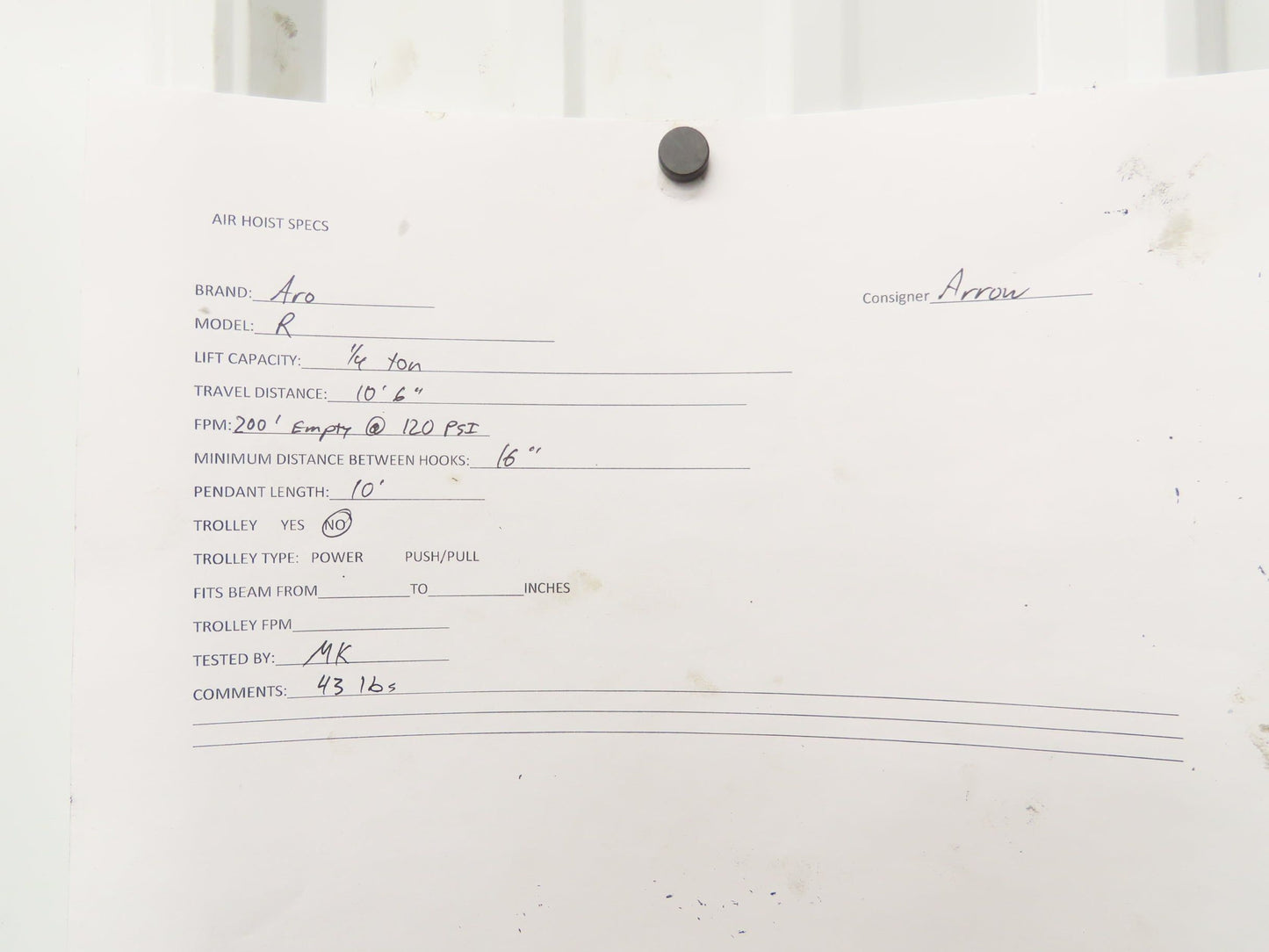 Aro R 1/4 Ton 500 LB Pneumatic Air Chain Hoist 10'6" Lift 10' Pull Chain