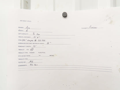 Aro R 1/4 Ton 500 LB Pneumatic Air Chain Hoist 10'6" Lift 10' Pull Chain