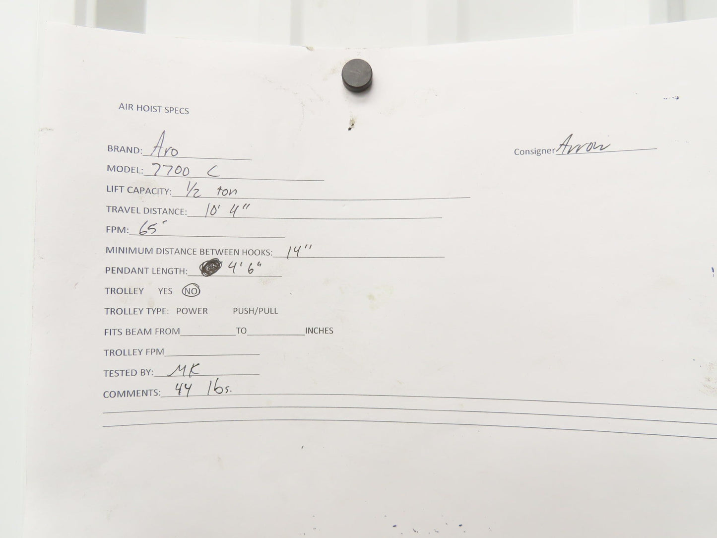 Aro 7700C 1/2 Ton 1000 LB Pneumatic Chain Hoist 10'4" Lift 4'6" Pull Chain