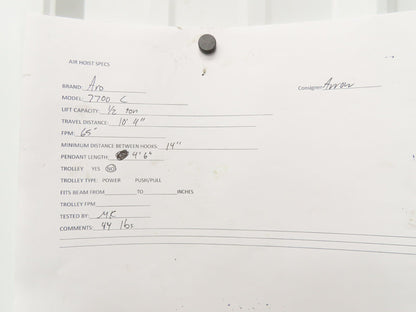 Aro 7700C 1/2 Ton 1000 LB Pneumatic Chain Hoist 10'4" Lift 4'6" Pull Chain