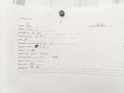 Aro 7700C 1/2 Ton 1000 LB Pneumatic Chain Hoist 10'4" Lift 4'6" Pull Chain