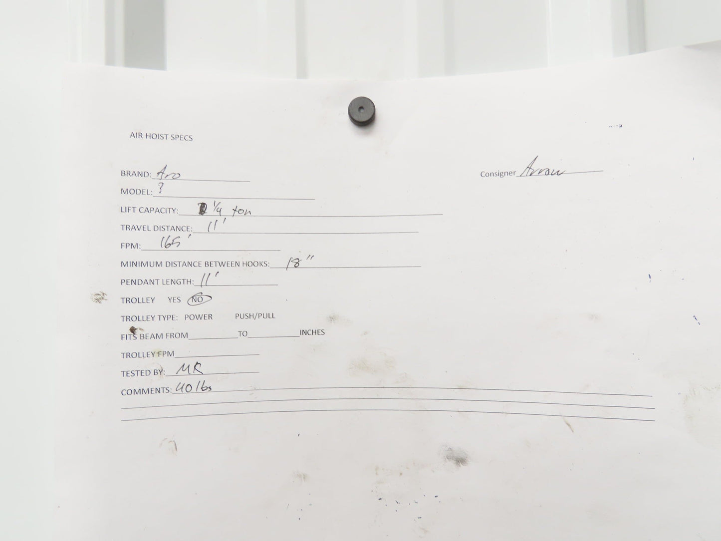 Aro Ingersoll Rand 1/4 Ton 500LB Pneumatic Air Chain Hoist 11'Lift 11'Pull Chain